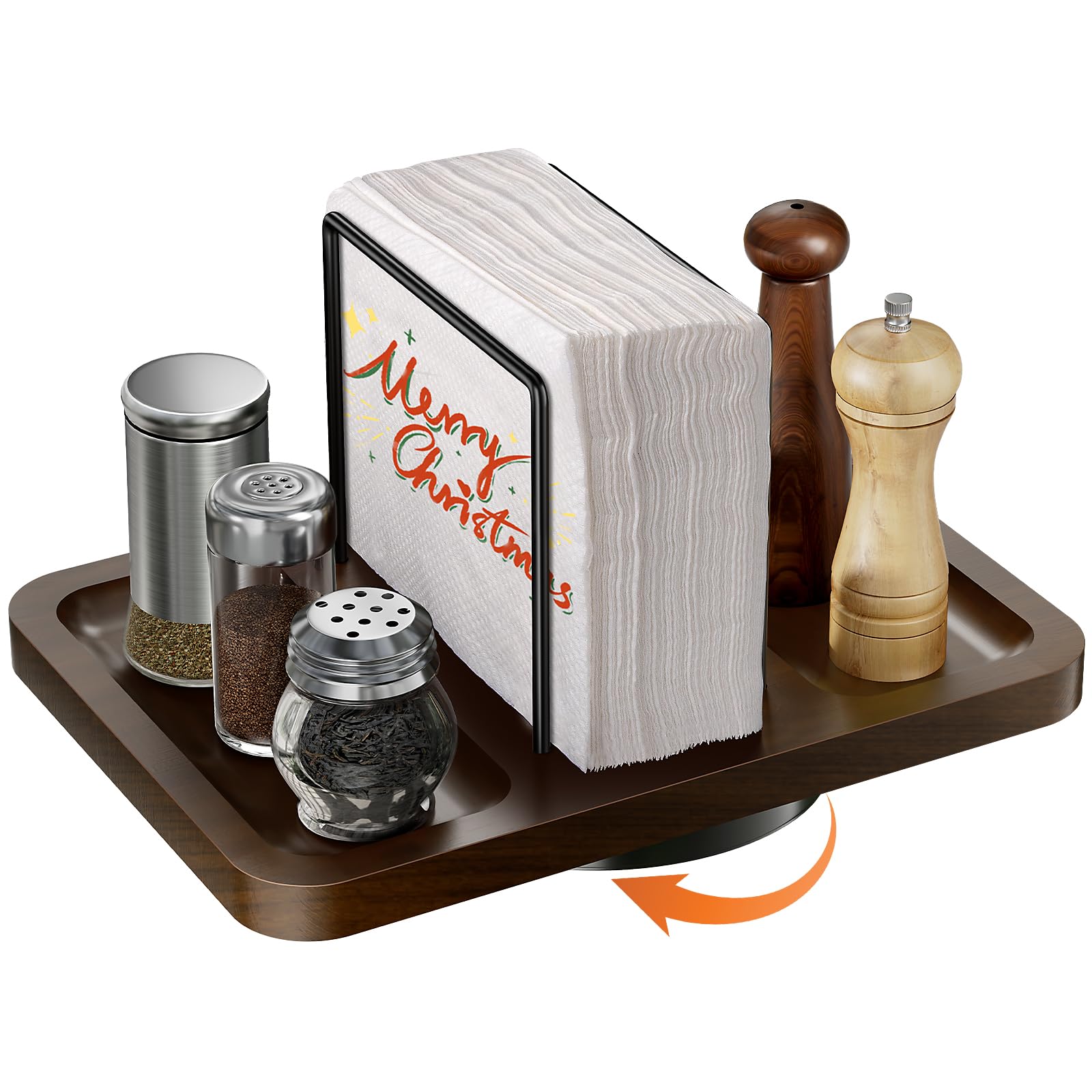 Gomyrod napkin holder with rotating base keeps napkins within easy reach during meals.
