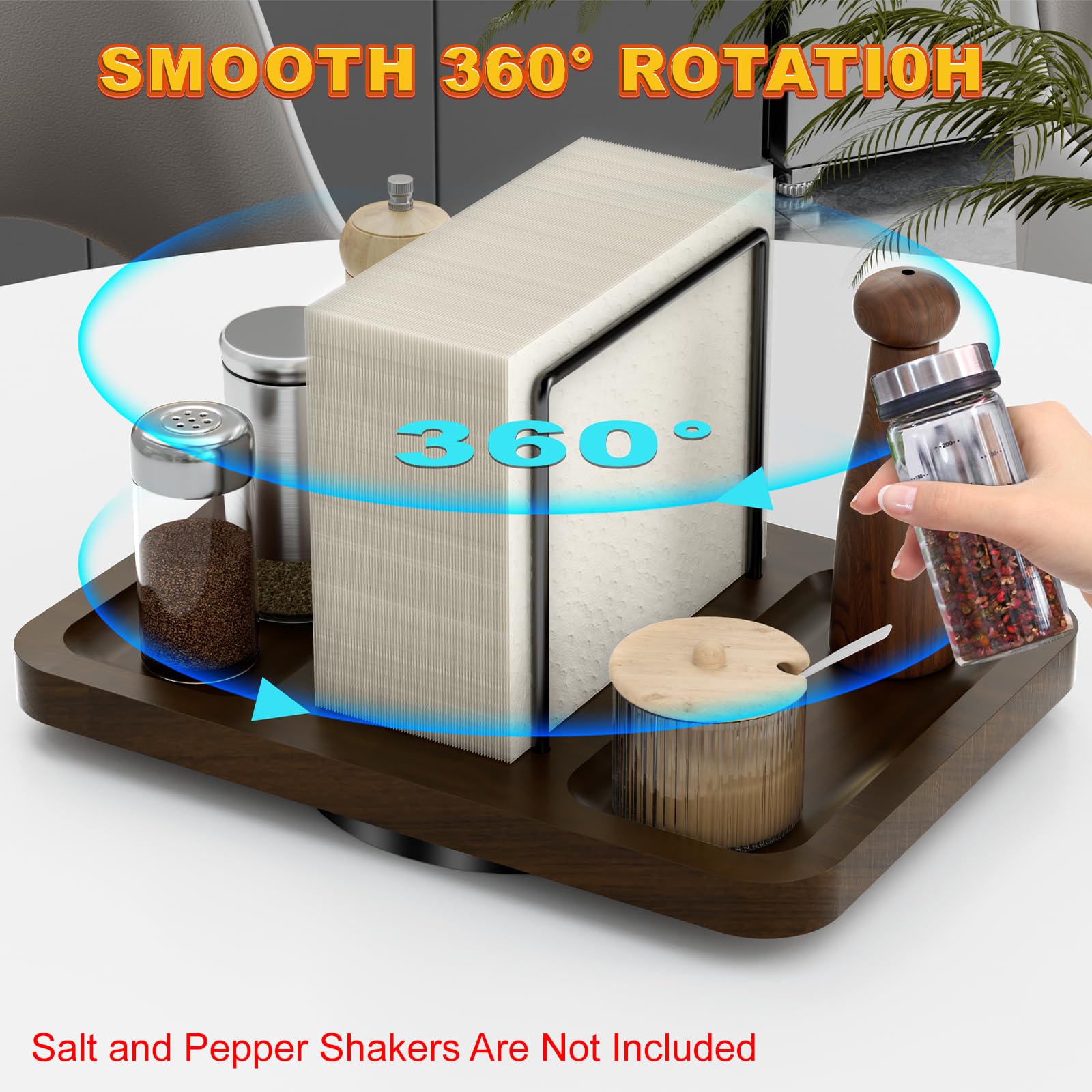 Gomyrod napkin holder doubles as a salt and pepper caddy beside the dining setup.