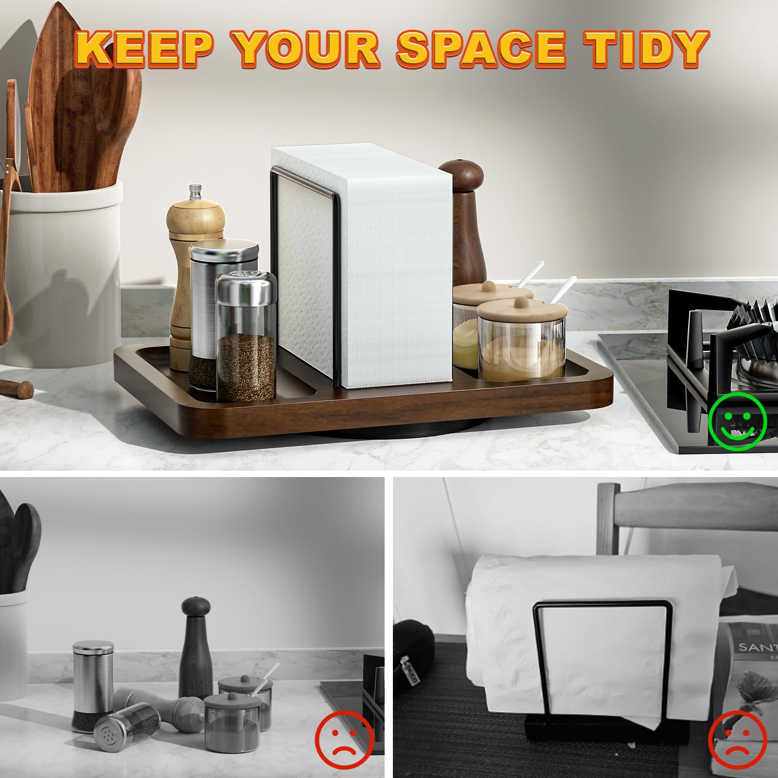 Gomyrod napkin stand features soft cushions to prevent scratches and tipping.