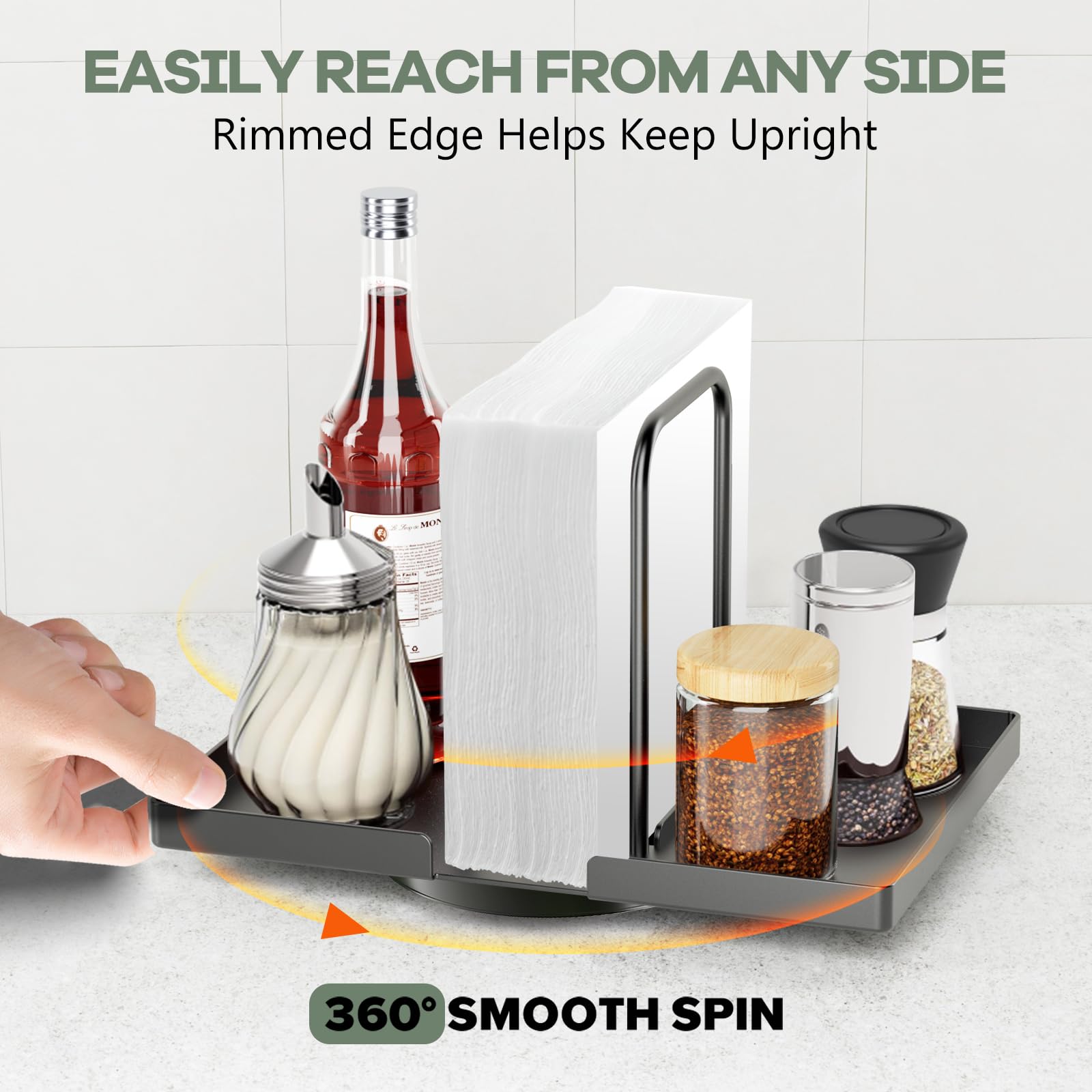 Gomyrod salt-and-pepper storage beside napkins for quick seasoning.