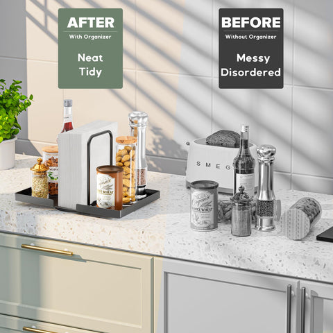 Gomyrod table-top dining organizer keeping napkins and condiments within reach.