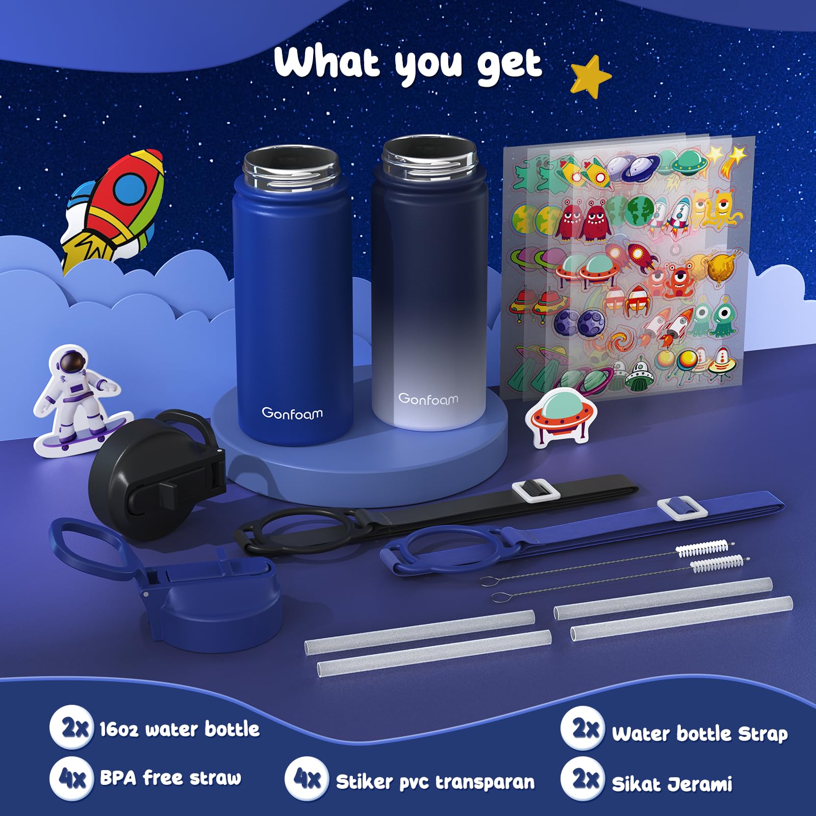 Gonfoam bottle with leak-proof cap keeps backpacks dry.