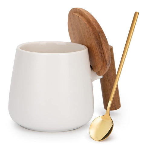 GOOD ALWAYS ceramic coffee mug with lid and spoon for hot beverages