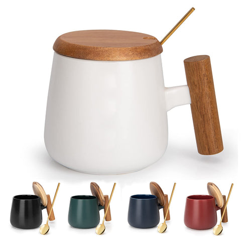 GOOD ALWAYS white ceramic mug with wooden handle for comfortable grip
