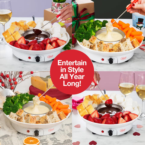 Good Cooking dessert-ready fondue for fruit, cake, marshmallows, and more.