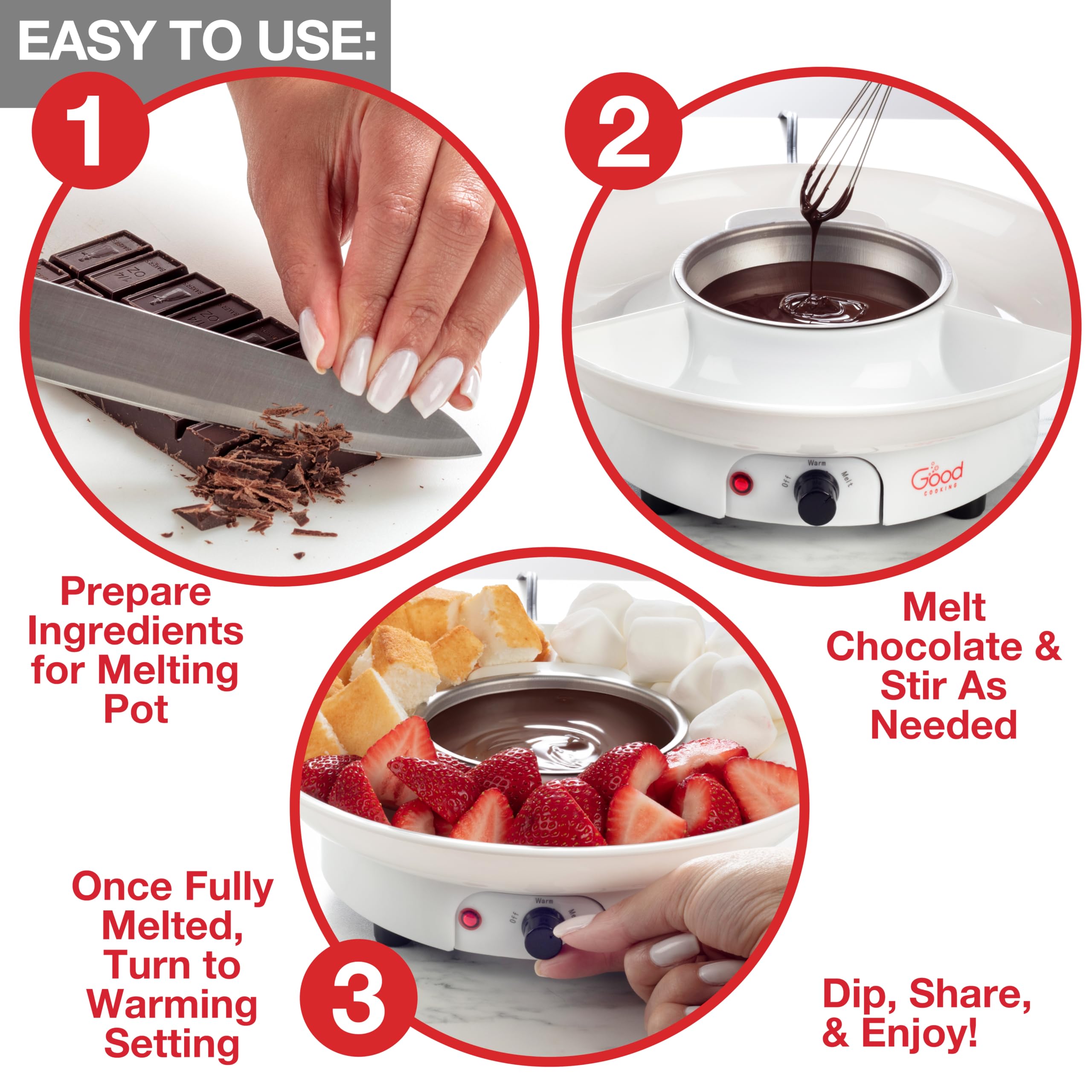 Good Cooking removable bowl and serving tray simplify cleanup after fondue night.