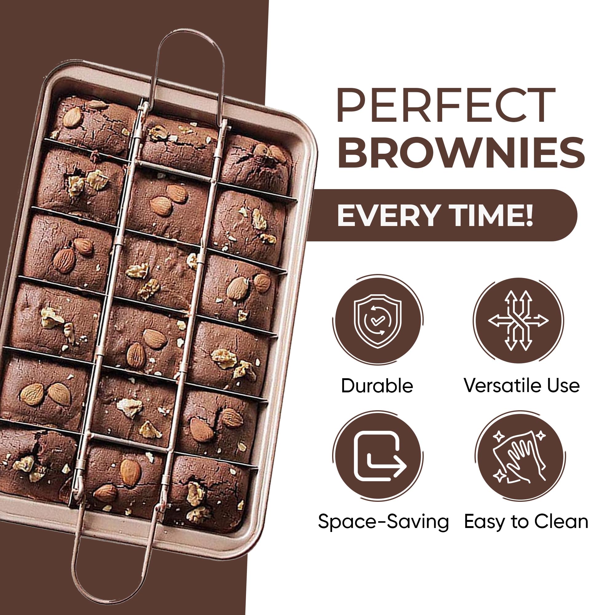 Good Dee's brownie pan shows corner brownies for uniform bites.