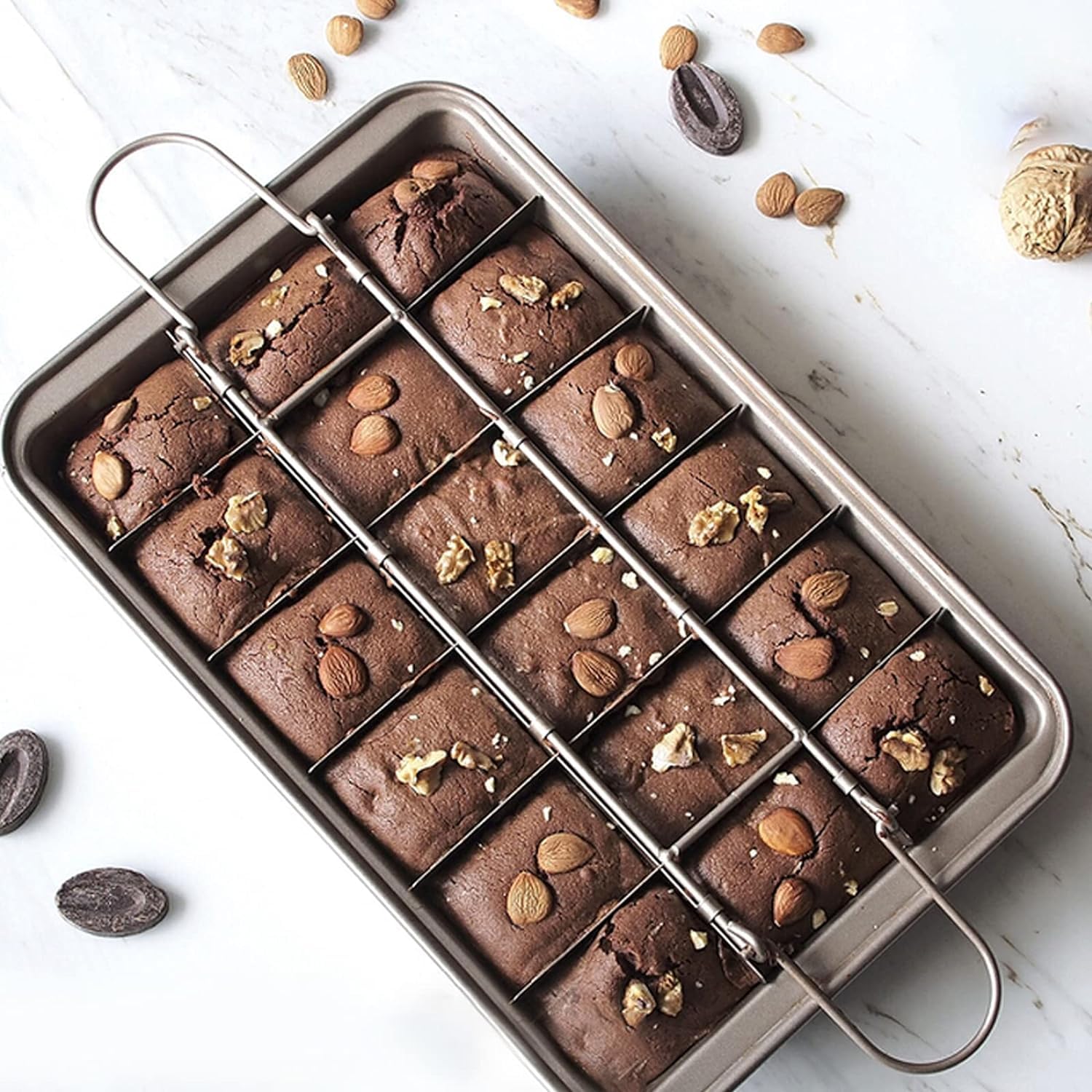 Good Dee's brownie pan with dividers creates uniform pieces for easy serving.