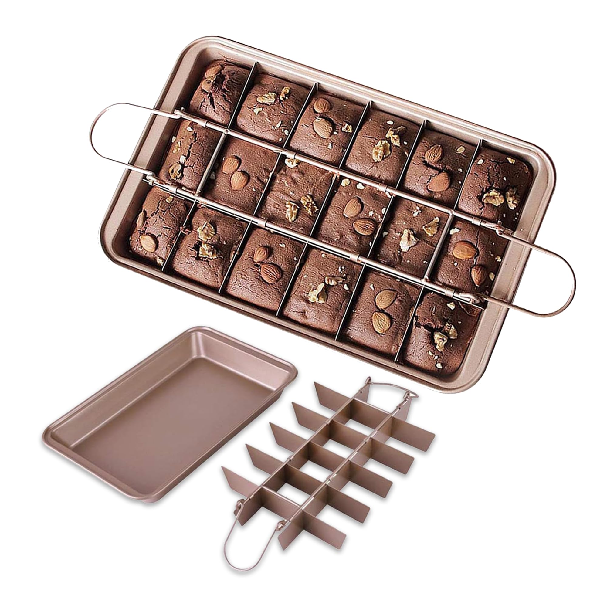 Good Dee's brownie pan with dividers yields 18 pre-cut squares for quick desserts.
