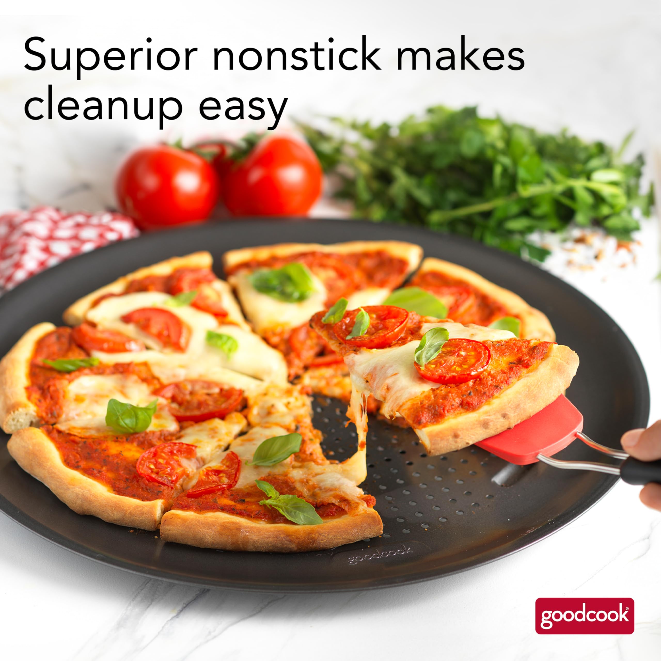 GoodCook AirPerfect cutting guides help slice pizza evenly.