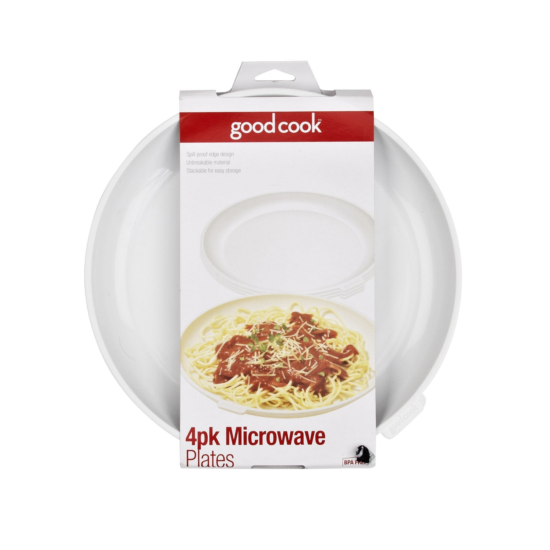 GoodCook microwave-safe plates with built-in tabs for easy carrying.