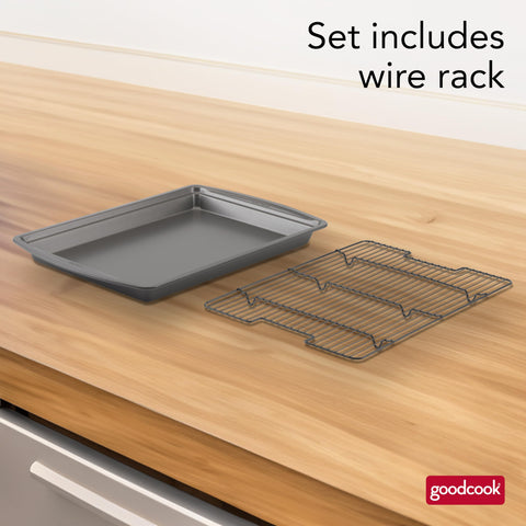 GoodCook raised wire rack in pan elevates food for crisp texture
