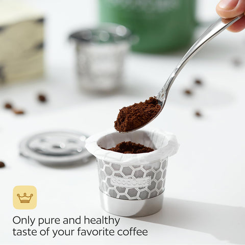 User inserts GoodCups into a Keurig brewer for convenient refillable brewing.