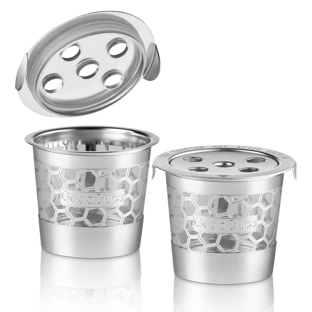 GoodCups stainless steel K Cup filter in front view showing premium build for rich coffee flavor.