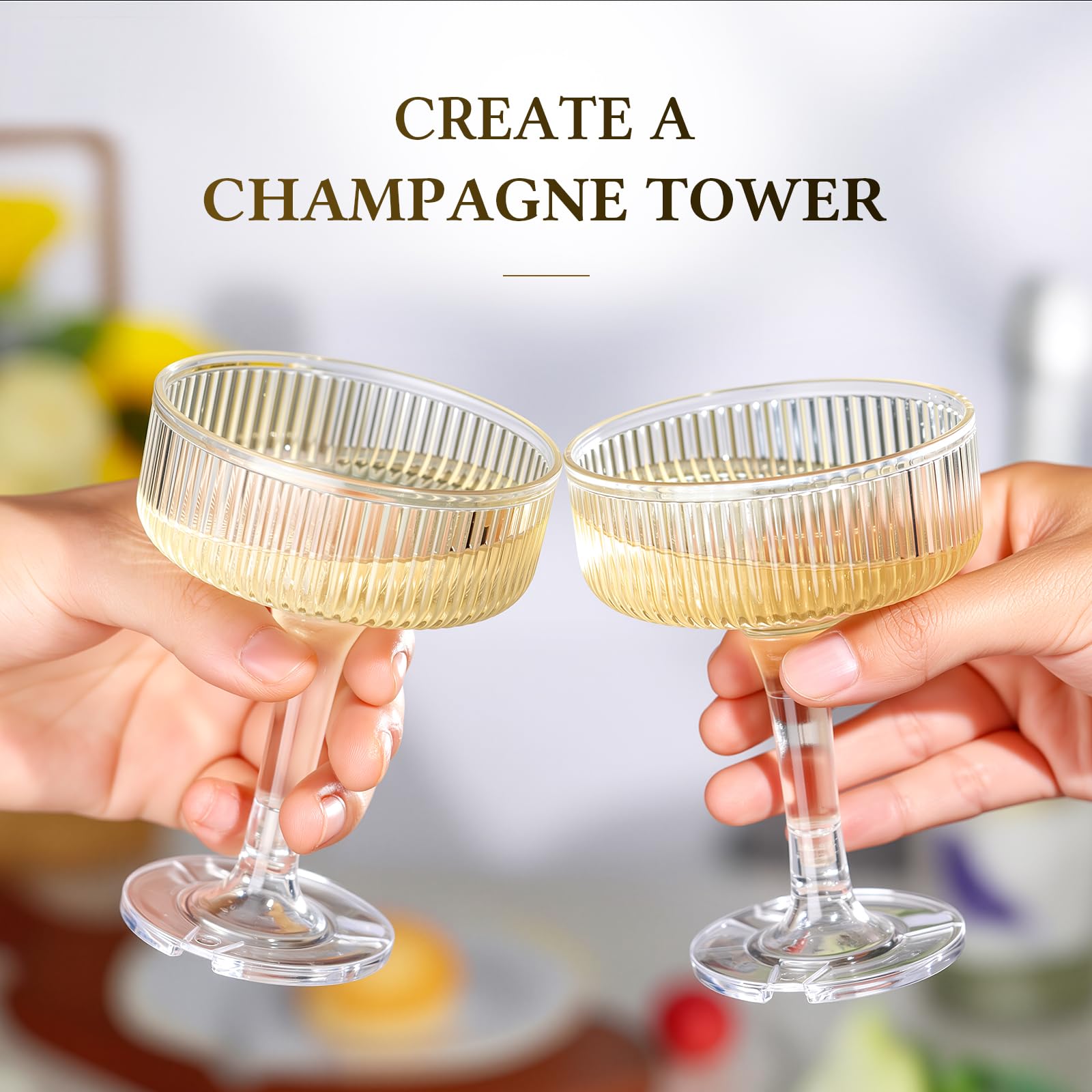 Goodluck 7oz butterfly flutes with clear glass-like clarity.