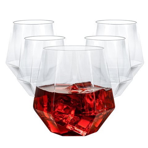Goodluck diamond stemless plastic wine glass close-up, crystal-clear 12 oz capacity for parties