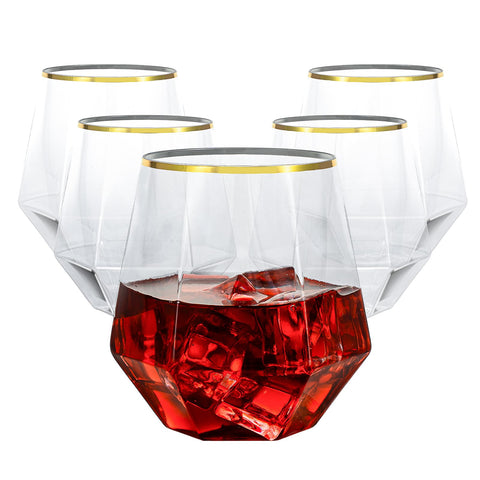 Goodluck diamond stemless wine glasses with gold rims for elegant weddings.