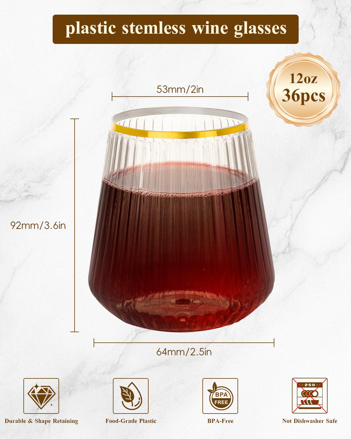 Goodluck stemless plastic wine glass with ribbed detail, ideal for weddings and parties.