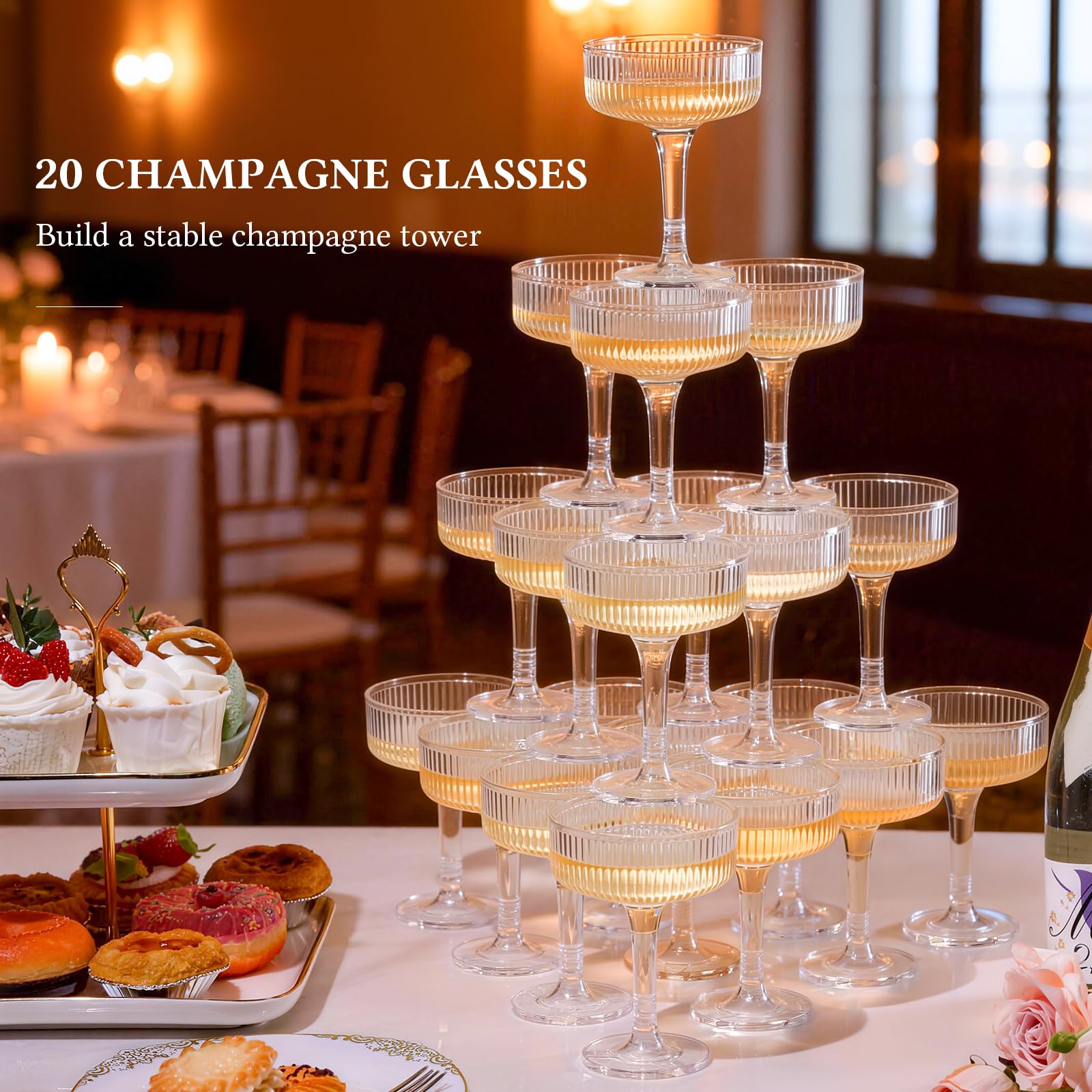 Goodluck vertical-stripe flutes refract light for an elegant party glow.