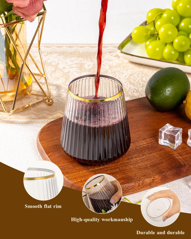Goodluck clear wine glass on wedding table, adds festive shine with gold rim.