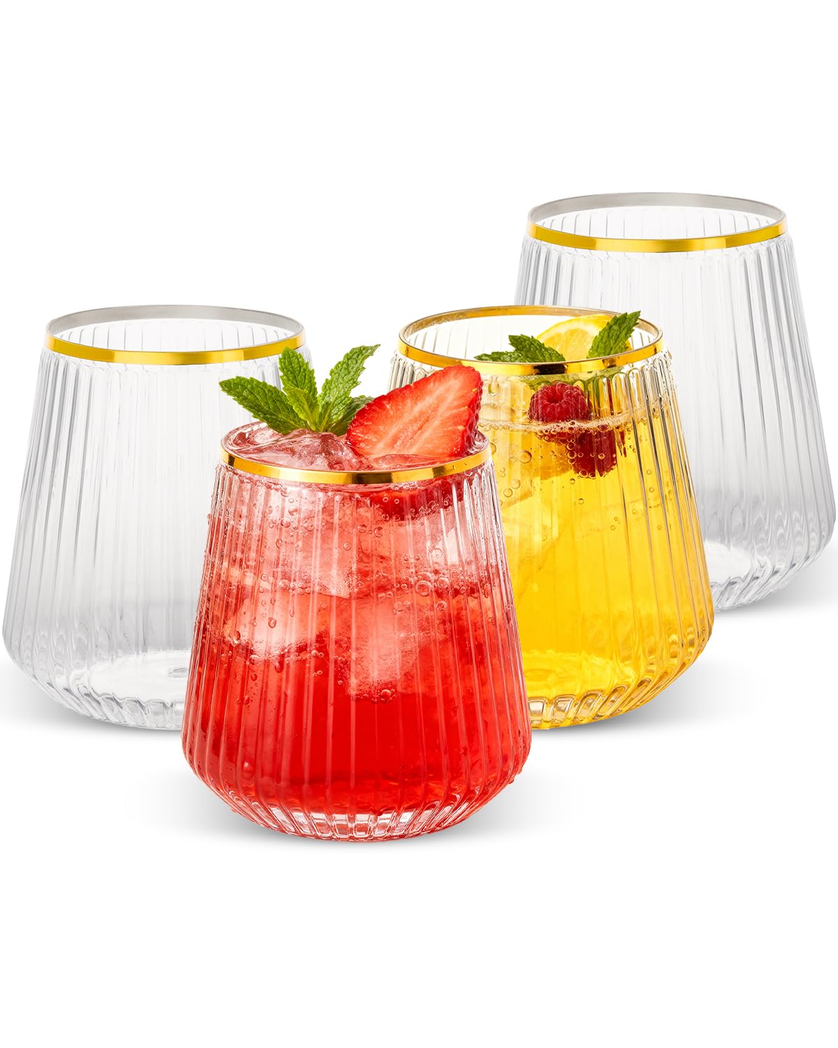 Goodluck wine glass: clear ribbed stemless with gold rim, 12oz capacity for gatherings.