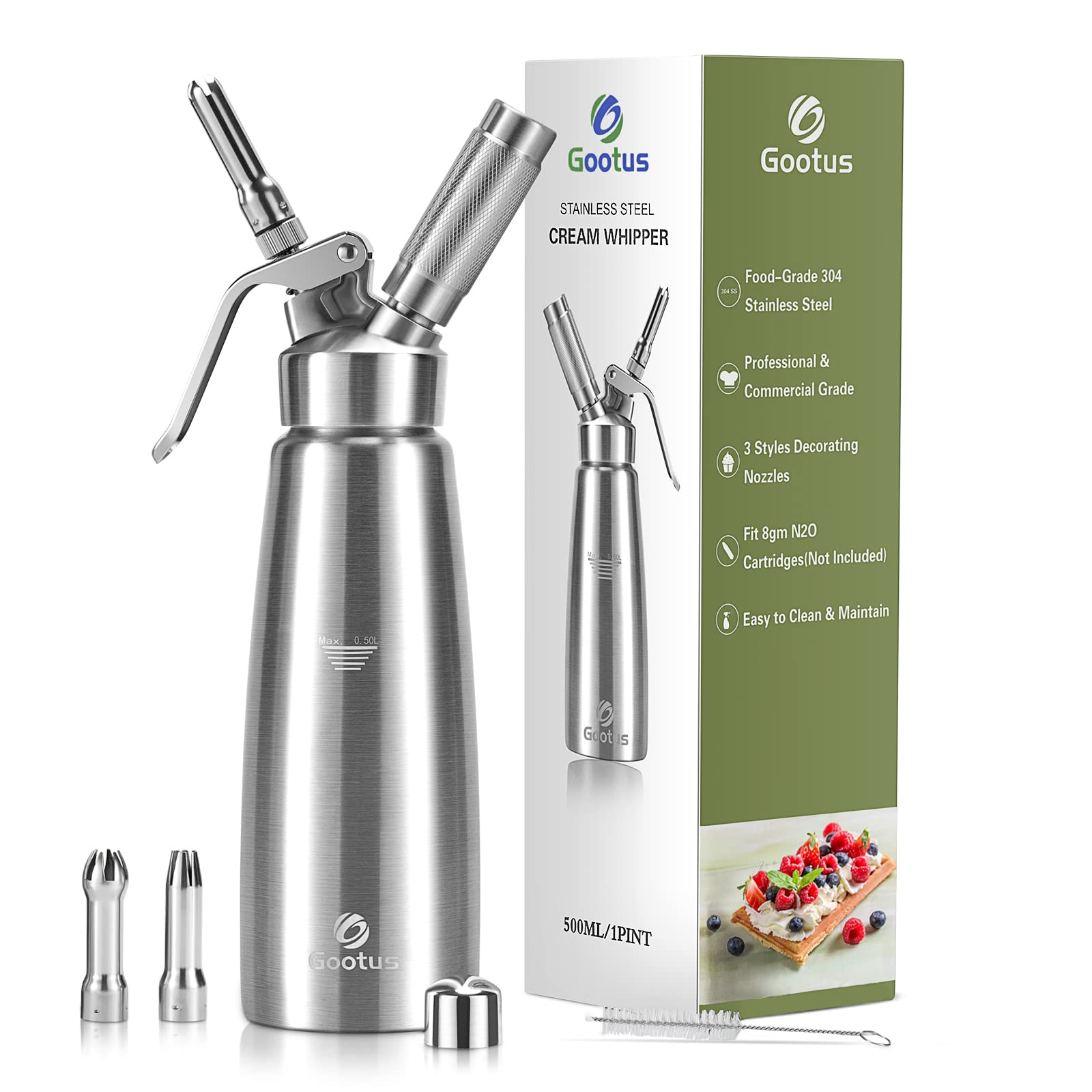 Gootus professional whipped cream dispenser in stainless steel with 500ml capacity for cafe-quality toppings.