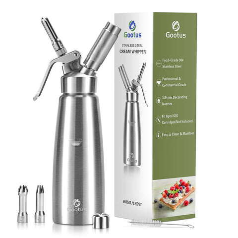 Gootus professional whipped cream dispenser in stainless steel with 500ml capacity for cafe-quality toppings.