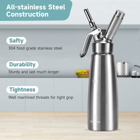 Gootus stainless steel dispenser with three decorating tips for professional finishes on desserts.