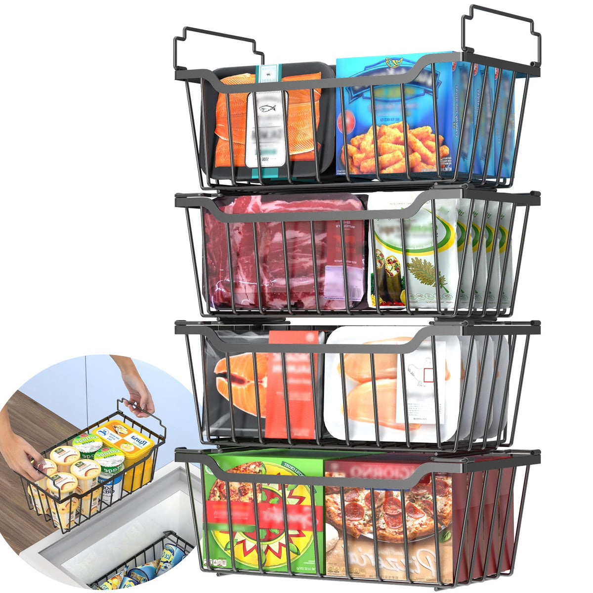 Goovilla freezer bins with foldable handles stacked for organized freezer storage