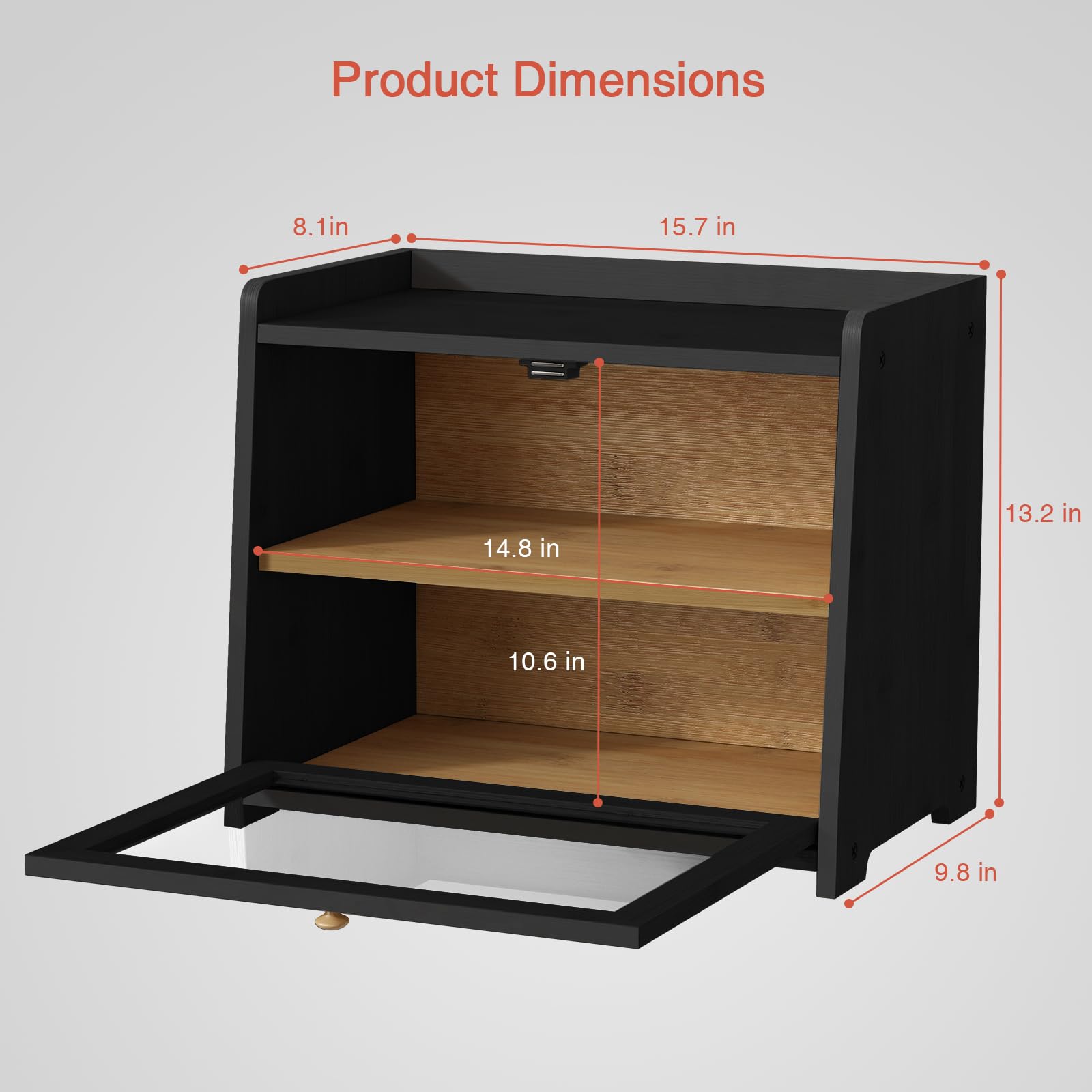 Goozii black bread box door open exposing airflow-friendly interior