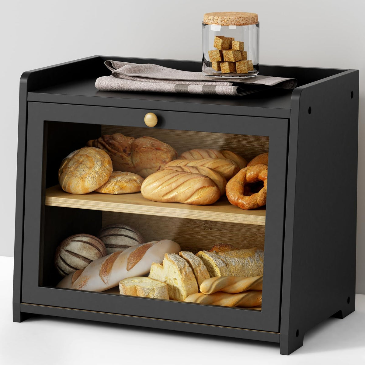 Goozii black bread box on kitchen counter with closed door showing storage