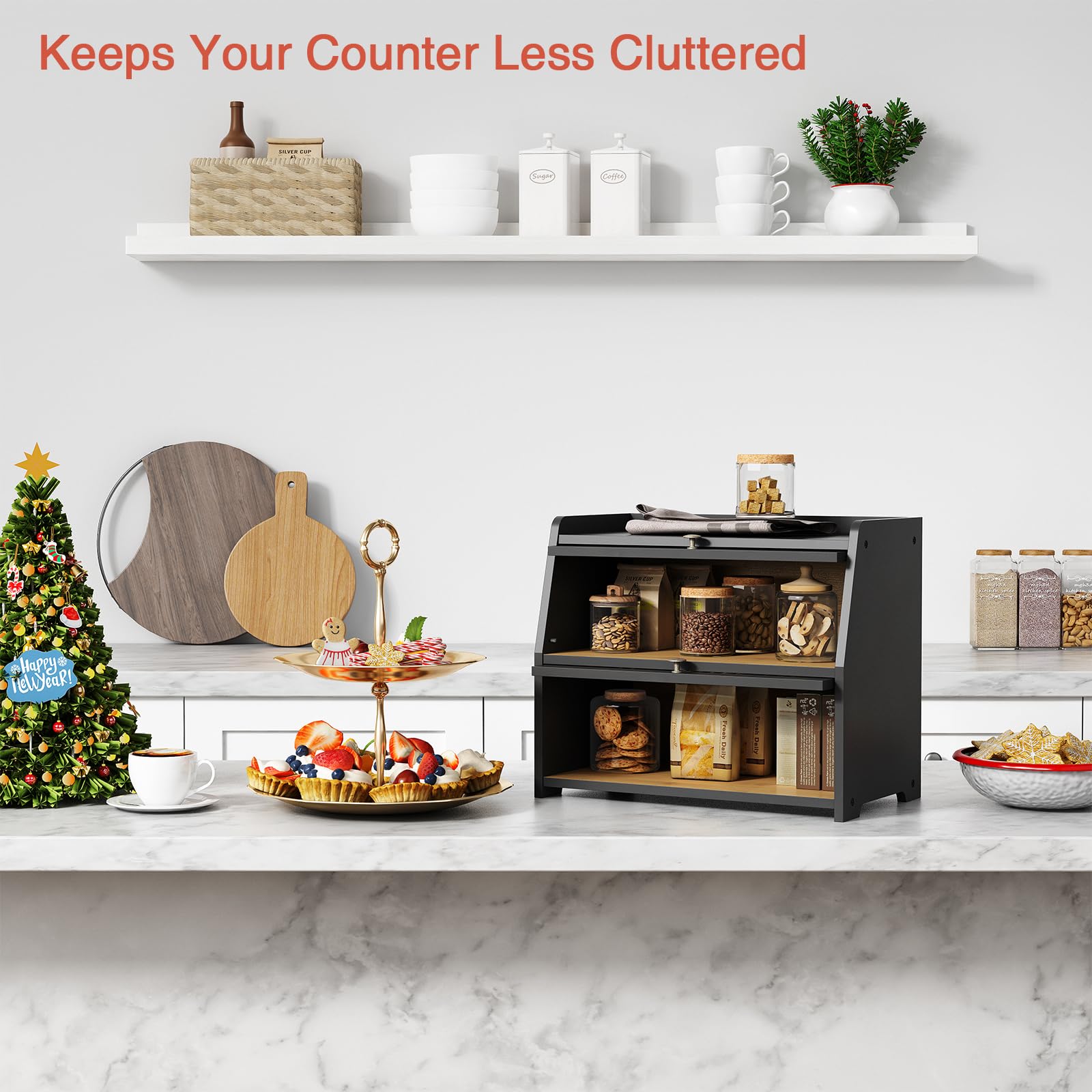 Goozii bread box with double-layer doors keeps loaves neatly organized.