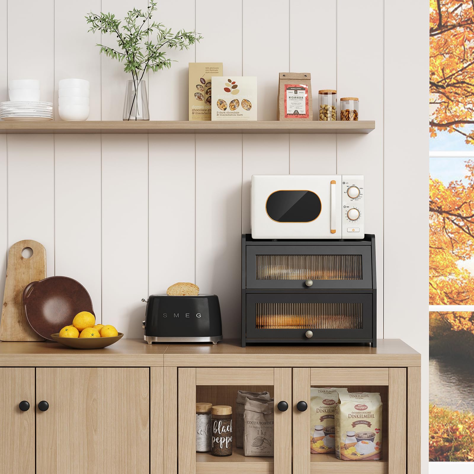 Goozii bread box in vintage design adds farmhouse charm to kitchen.