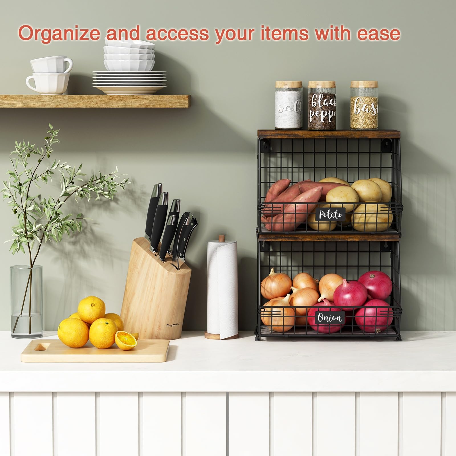Goozii stackable wire baskets on wall save counter space and enhance storage flexibility.