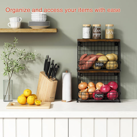 Goozii stackable wire baskets on wall save counter space and enhance storage flexibility.