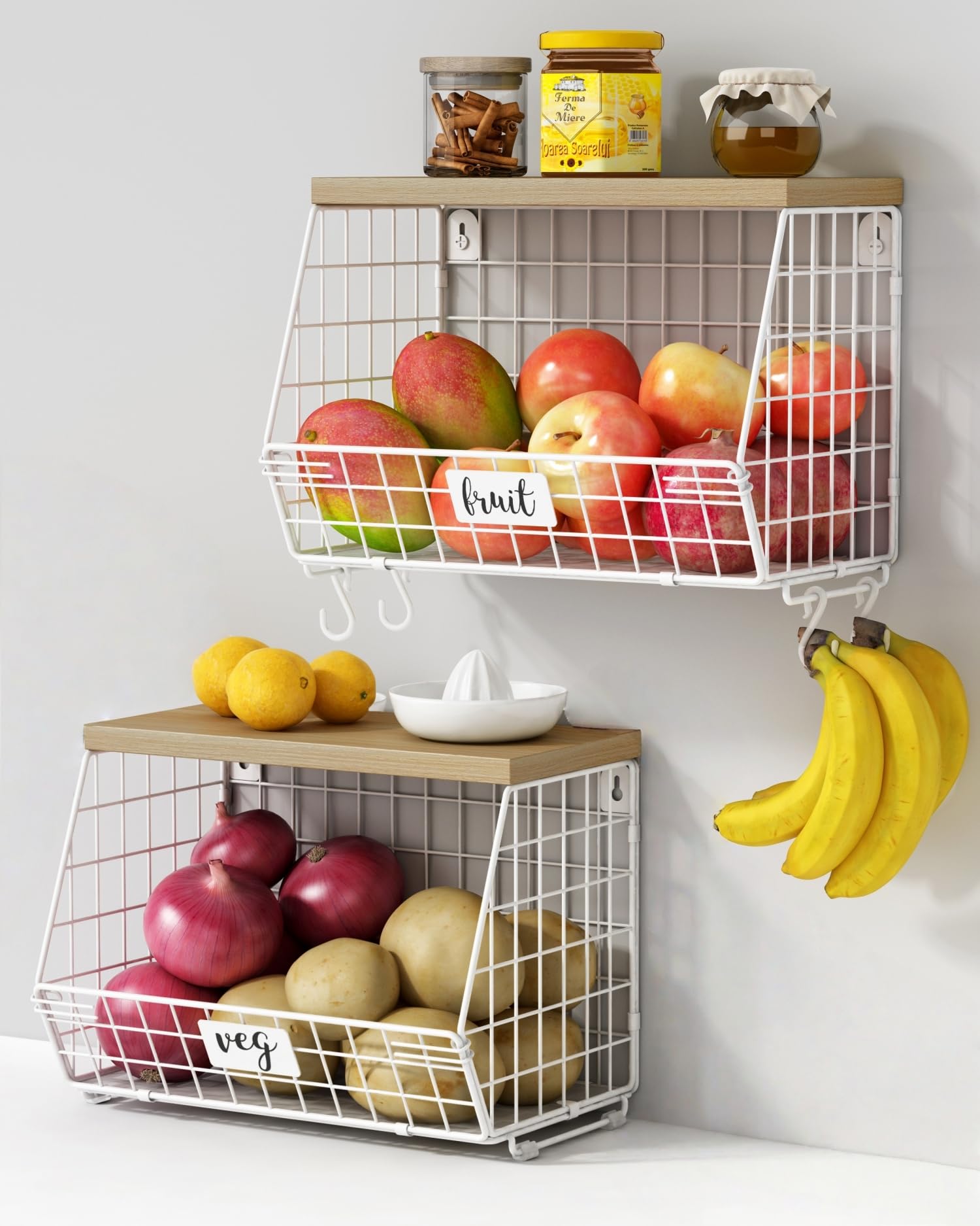 Goozii white fruit basket 2-pack on countertop for easy fruit storage.
