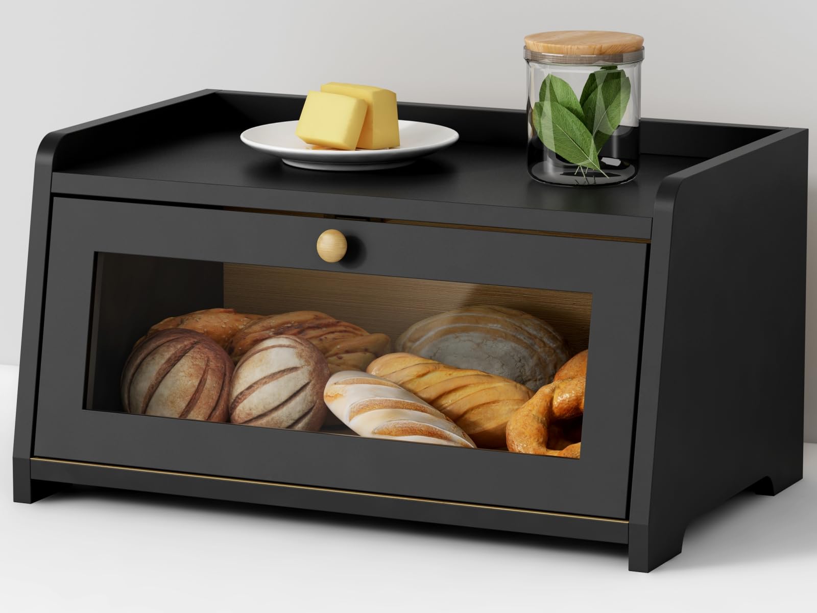 Goozii Black Bread Box on countertop showing compact size and sleek finish.