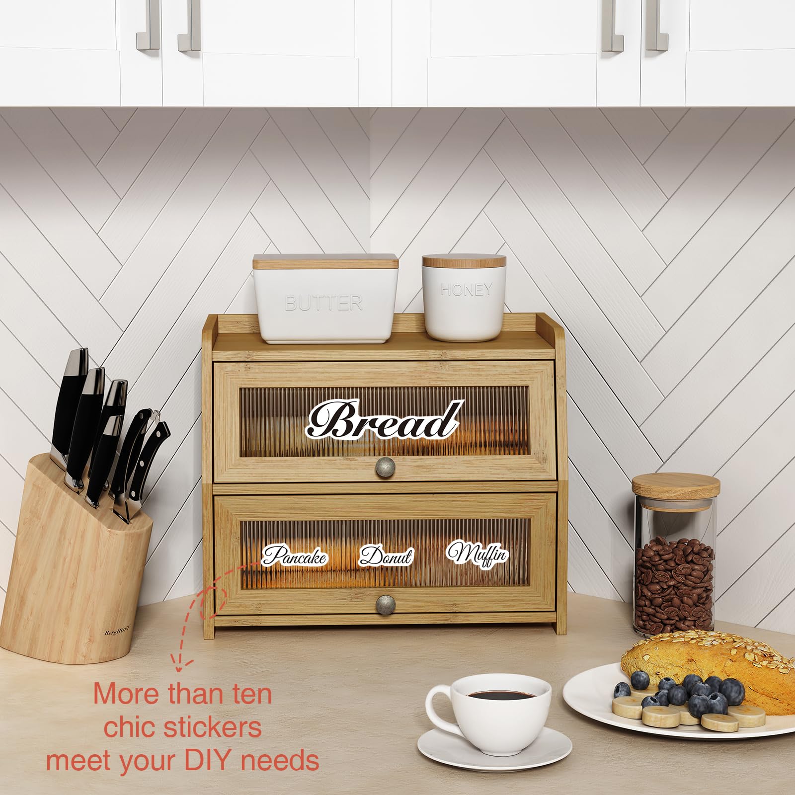 Goozii bread box on counter doubles as rustic kitchen decor