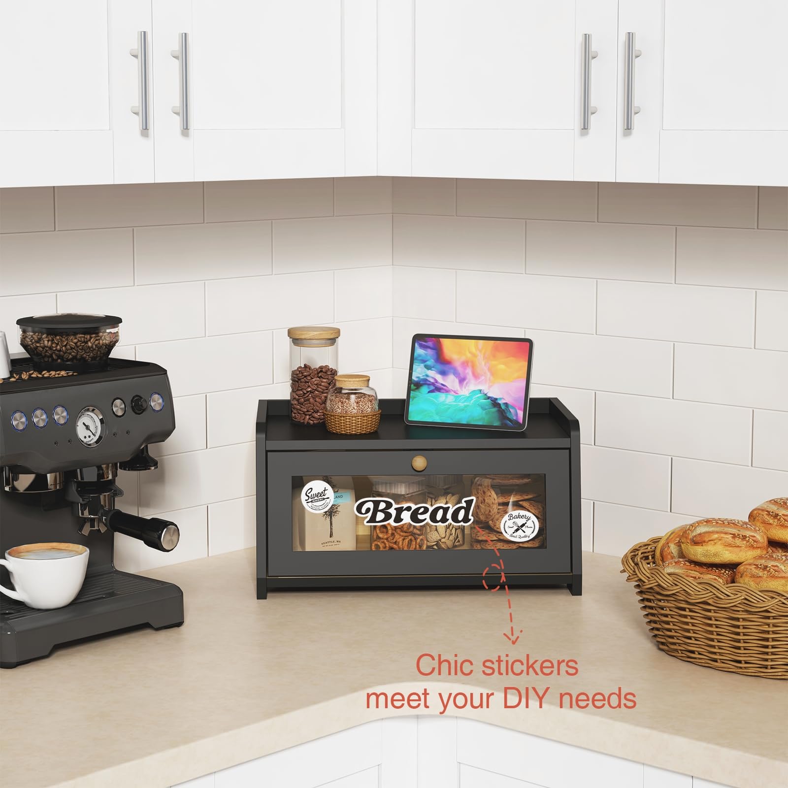 Goozii bread box magnetic door for easy access to baked goods.
