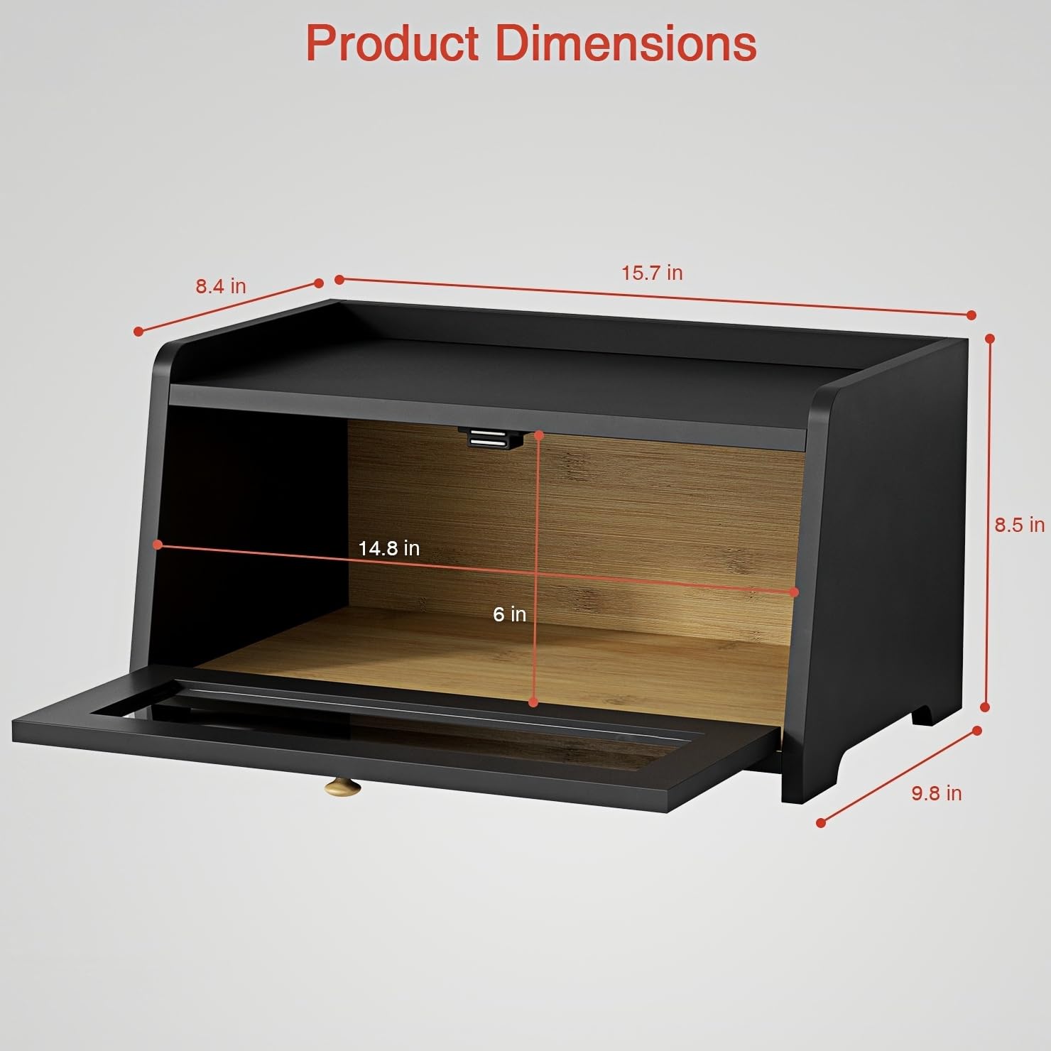Goozii bread box top shelf storage for spices or small items.