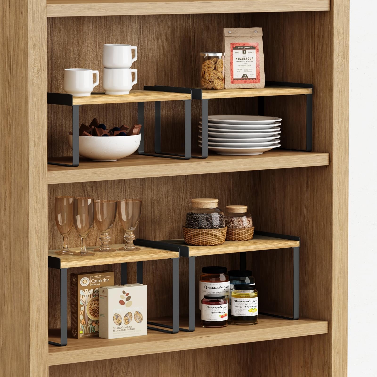 Goozii cabinet shelf large right lip keeps items secure for stacking.