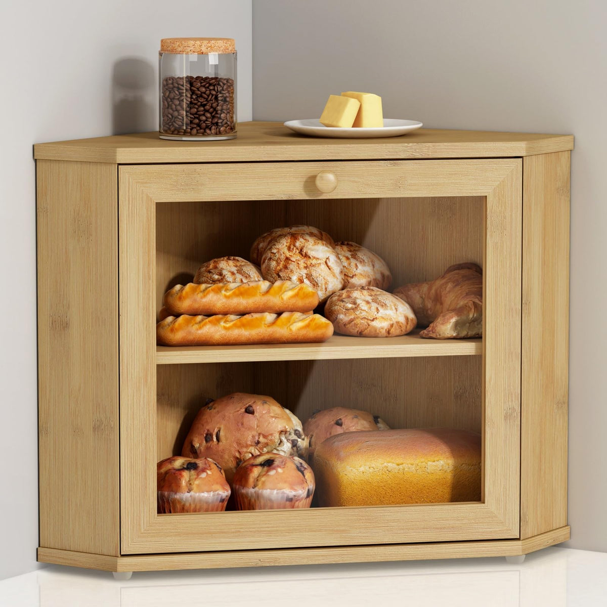 Goozii Bamboo Corner Bread Box shows two-tier design for counter top organization