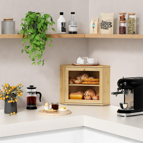 Goozii Bamboo Corner Bread Box with acrylic window door for quick content checks