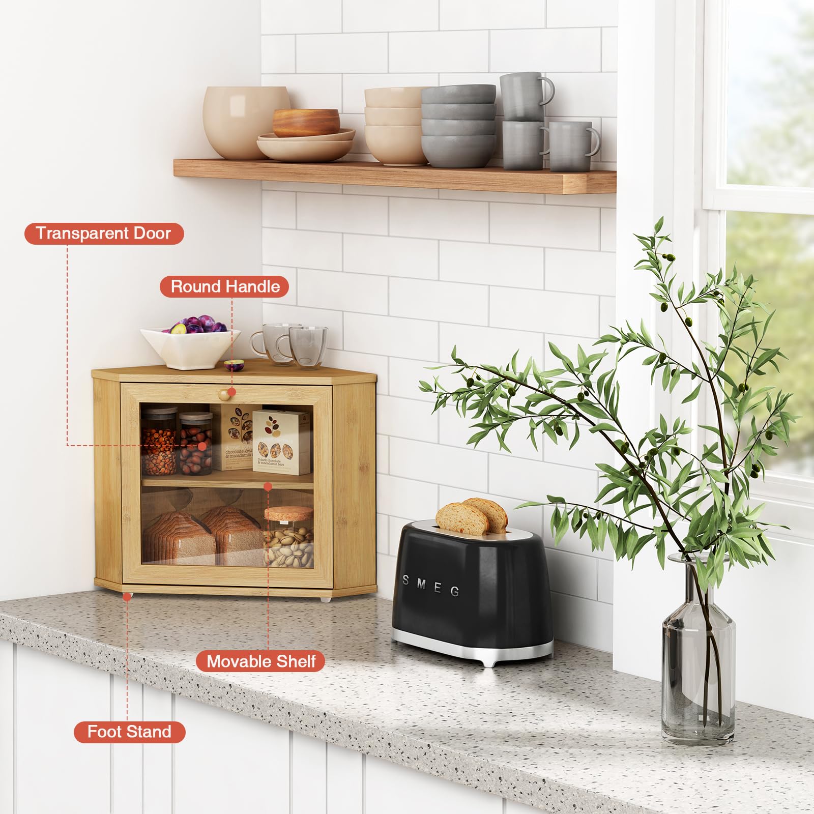 Goozii Bamboo Corner Bread Box fits neatly in kitchen corner to maximize space