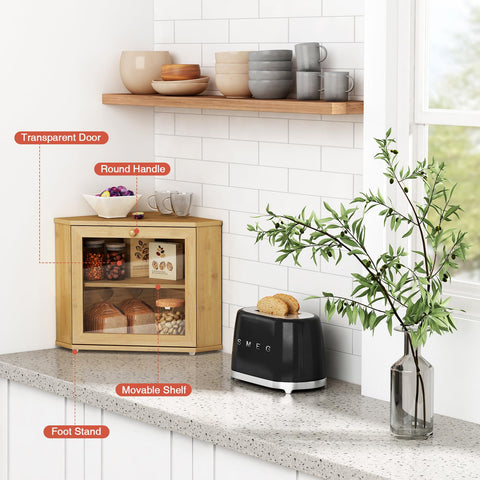 Goozii Bamboo Corner Bread Box fits neatly in kitchen corner to maximize space