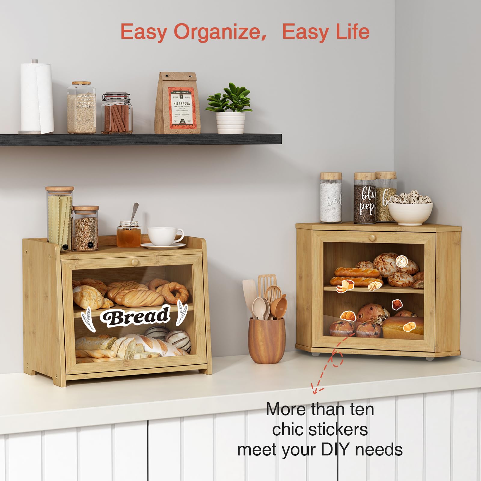 Goozii Bamboo Corner Bread Box features natural wood finish to match farmhouse decor