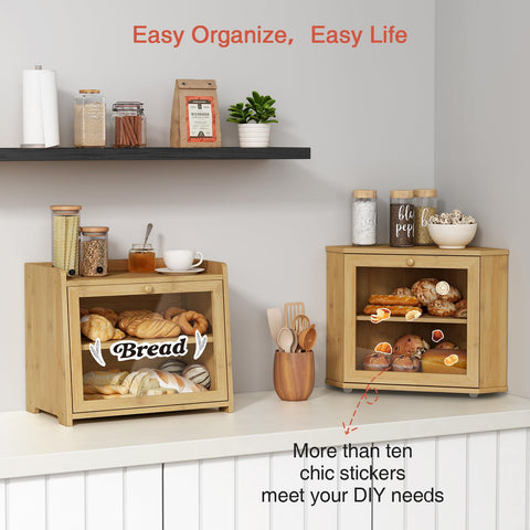 Goozii Bamboo Corner Bread Box features natural wood finish to match farmhouse decor