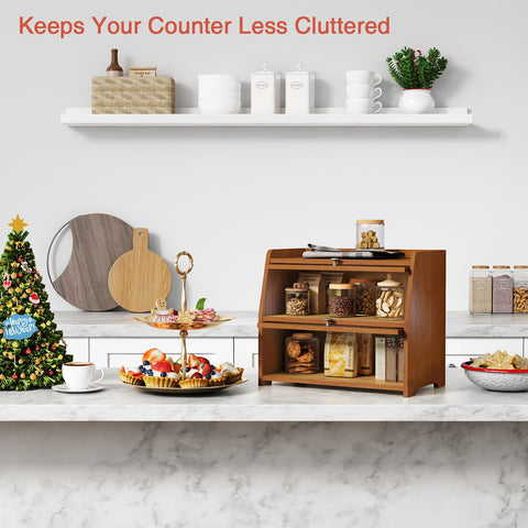 Goozii bamboo two-tier bread storage on counter with extra top shelf.