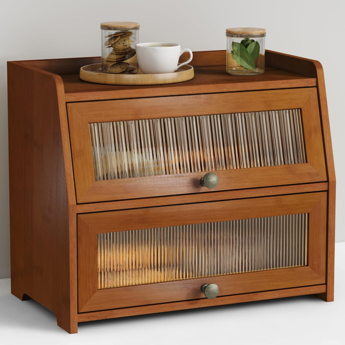 Goozii walnut roll-top bread box front view showing spacious two-tier design.