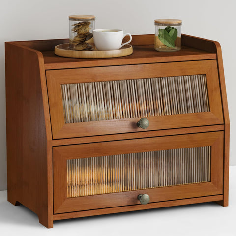 Goozii walnut roll-top bread box front view showing spacious two-tier design.